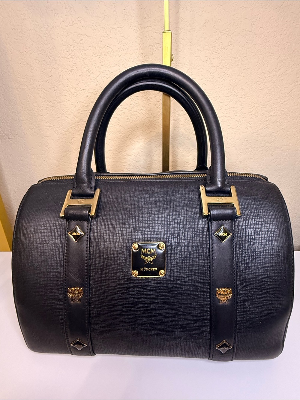 MCM Black Satchel with Gold Hardware